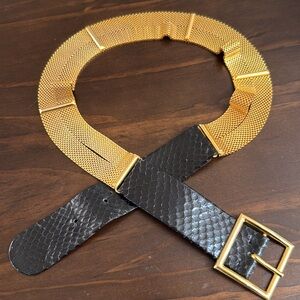 Christian Dior Vintage Black Snakeskin and Gold Mesh Vintage Belt Size Small